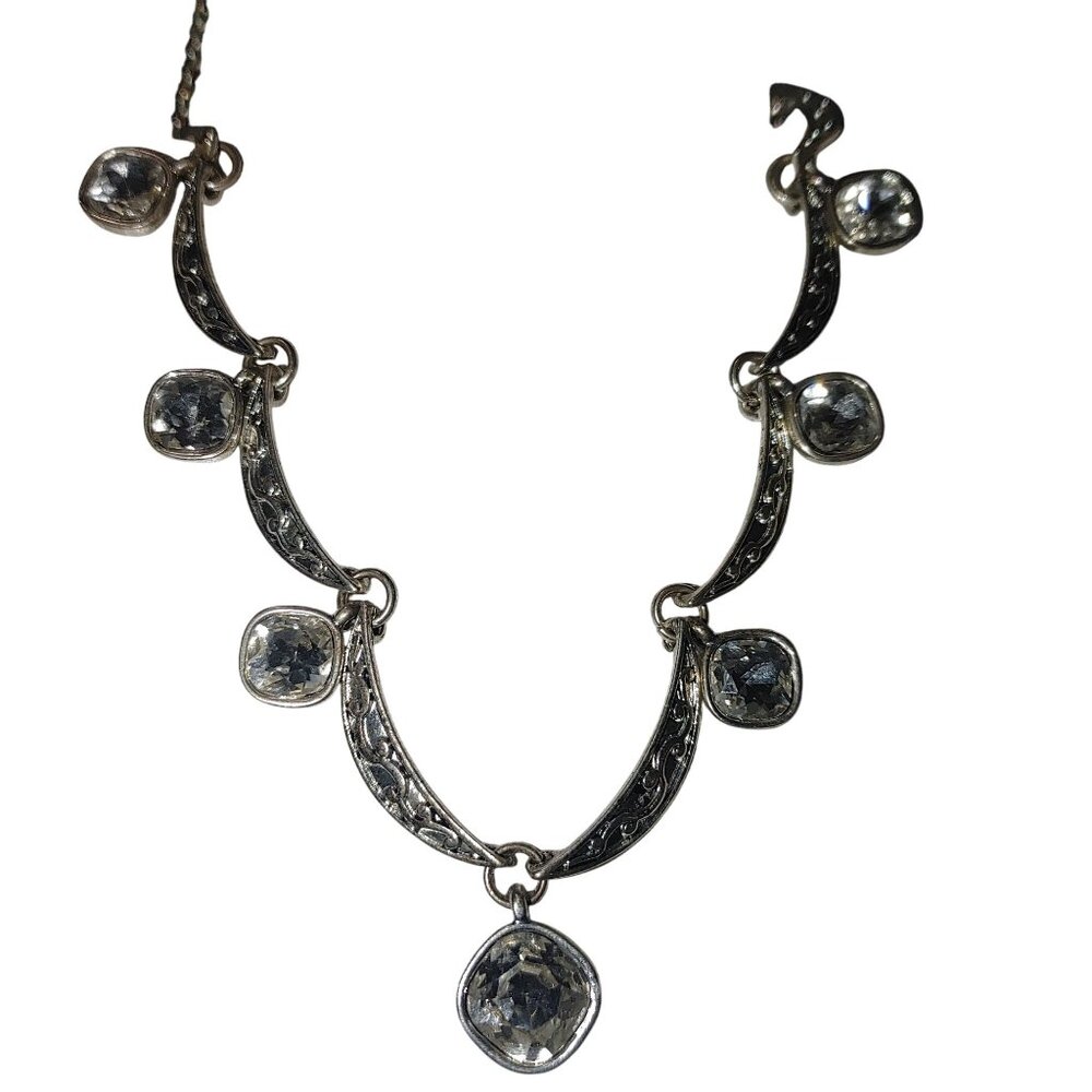 Crown Trifari Crystal Pave Necklace Vintage Silver Tone Filigree Clear Cushion